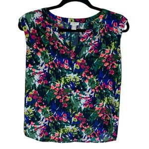 *2/$30* J. Crew Green Pink Floral Top Women's Size 2 Sleeveless V-Neck Tropical